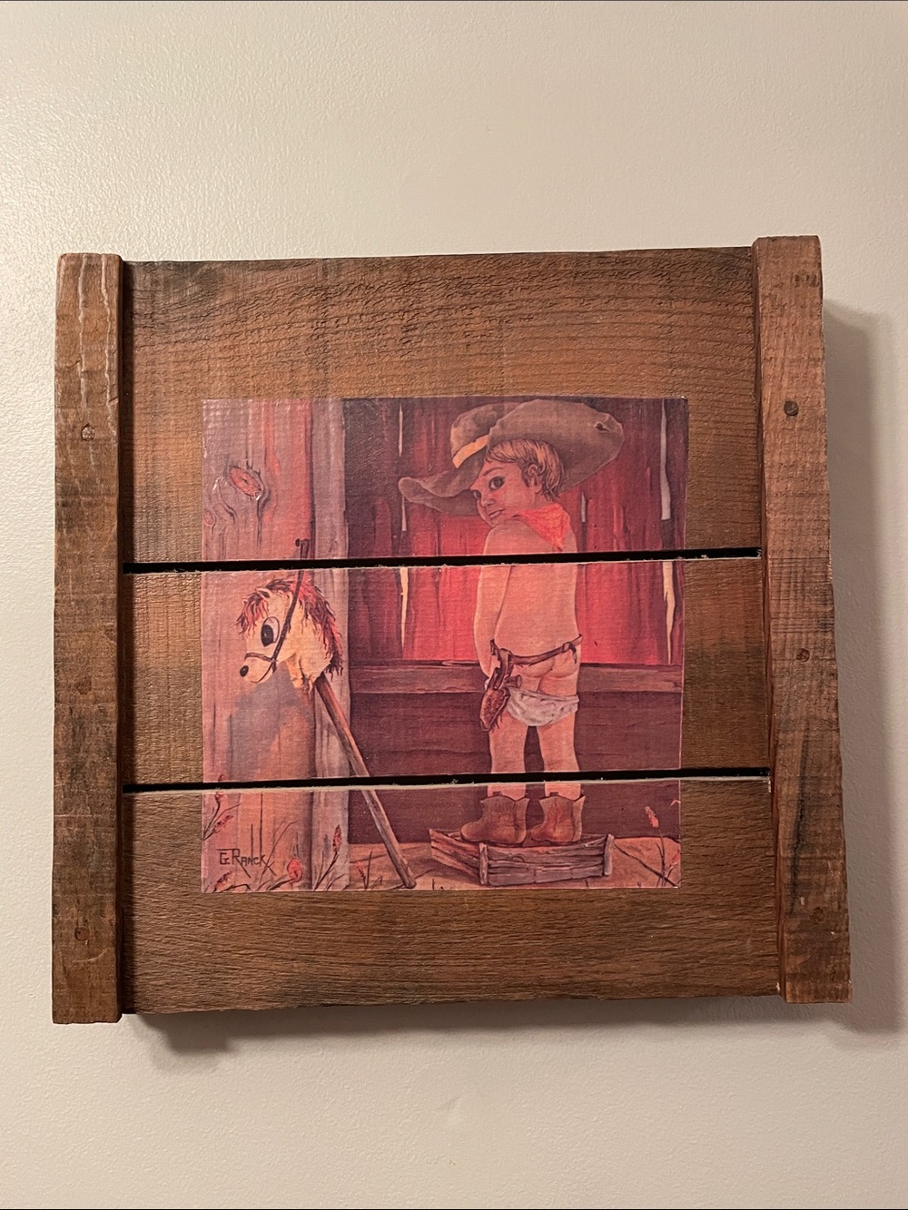 G. RANCK Vintage Rustic Distressed Wood Cowboy Illustration Nostalgic Wall Art